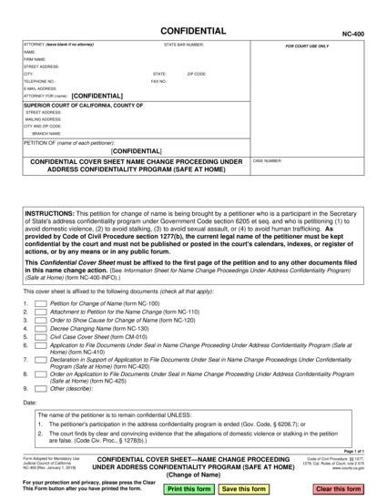 View NC-400 Confidential Cover Sheet—Name Change Proceeding Under Address Confidentiality Program (Safe at Home) form