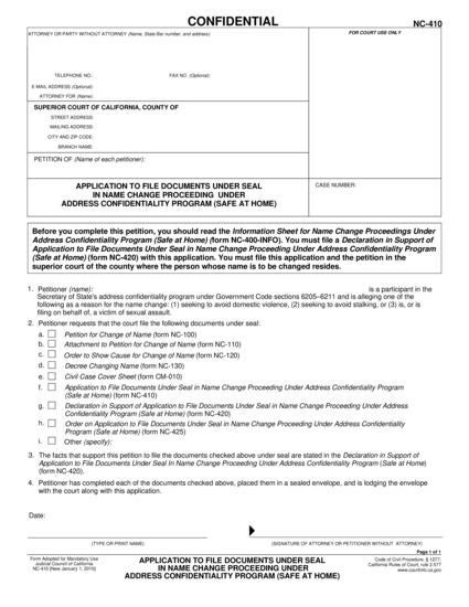 View NC-410 Application to File Documents Under Seal in Name Change Proceeding Under Address Confidentiality Program (Safe at Home) form