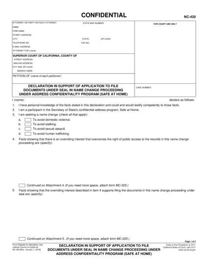 View NC-420 Declaration in Support of Application to File Documents Under Seal in Name Change Proceeding Under Address Confidentiality Program (Safe at Home) form