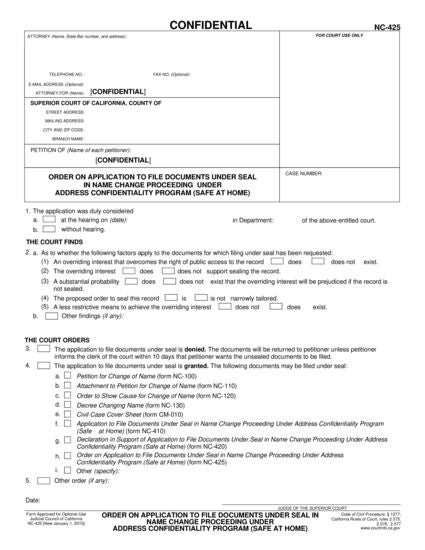 View NC-425 Order on Application to File Documents Under Seal in Name Change Proceeding Under Address Confidentiality Program (Safe at Home) form