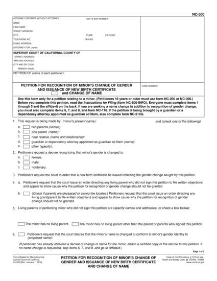 View NC-500 Petition for Recognition of Minor's Change of Gender and Sex Identifier and for Issuance of New Birth Certificate and Change of Name form