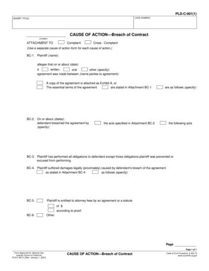 View PLD-C-001(1) Cause of Action—Breach of Contract form