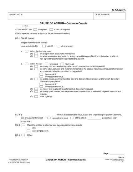 View PLD-C-001(2) Cause of Action—Common Counts form