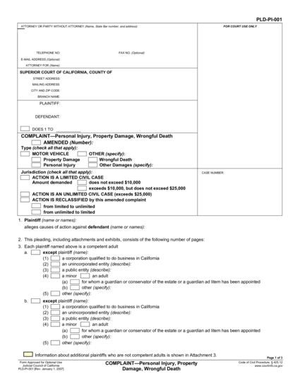 View PLD-PI-001 COMPLAINT—Personal Injury, Property Damage, Wrongful Death form