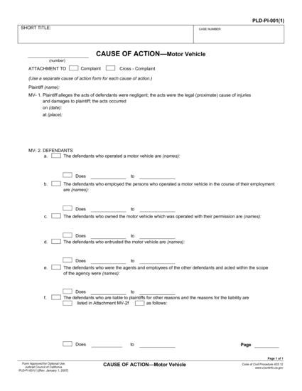 View PLD-PI-001(1) Cause of Action—Motor Vehicle form