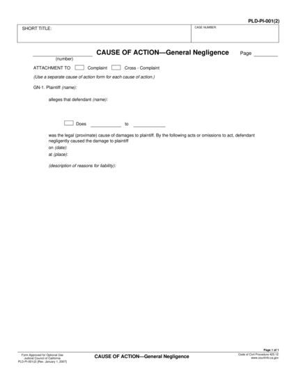 View PLD-PI-001(2) Cause of Action—General Negligence form