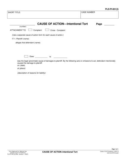 View PLD-PI-001(3) Cause of Action—Intentional Tort form