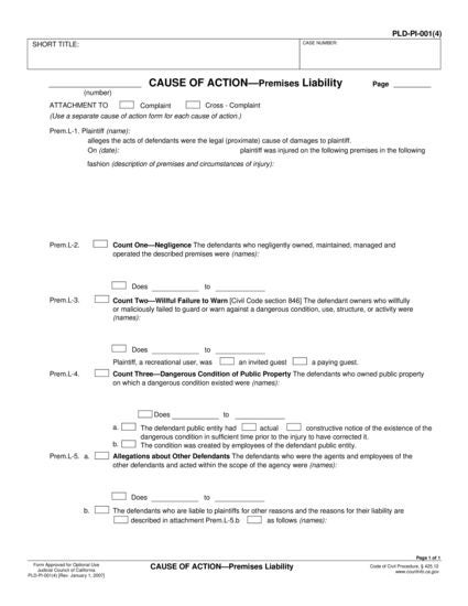 View PLD-PI-001(4) Cause of Action—Premises Liability form