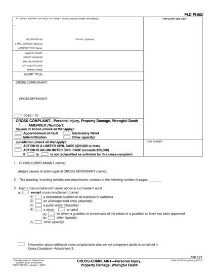 View PLD-PI-002 CROSS-COMPLAINT—Personal Injury, Property Damage, Wrongful Death form