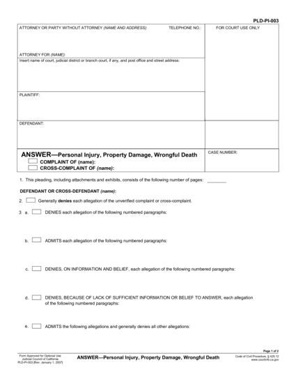 View PLD-PI-003 ANSWER—Personal Injury, Property Damage, Wrongful Death form
