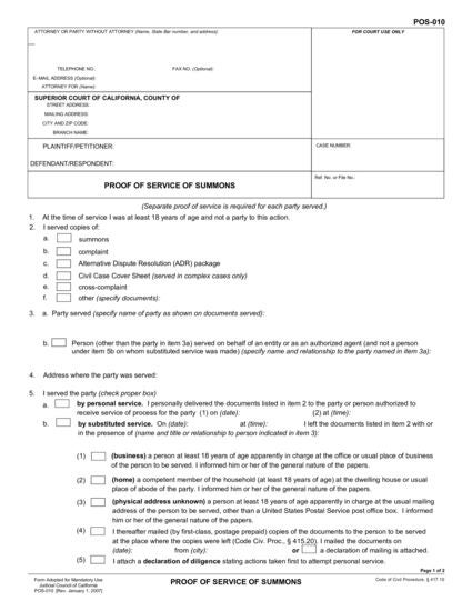 View POS-010 Proof of Service of Summons form