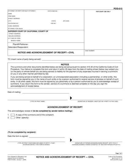 View POS-015 Notice and Acknowledgment of Receipt—Civil form