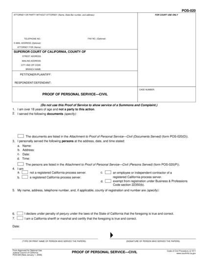 View POS-020 Proof of Personal Service—Civil (Proof of Service) / Information Sheet for Proof of Personal Service—Civil form