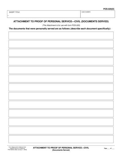 View POS-020(D) Attachment to Proof of Personal Service—Civil (Documents Served) form