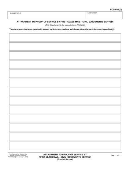 View POS-030(D) Attachment to Proof of Service by First-Class Mail—Civil (Documents Service) form