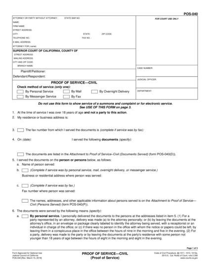 View POS-040 Proof of Service—Civil (Proof of Service) form