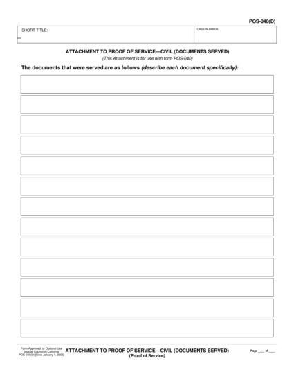 View POS-040(D) Attachment to Proof of Service—Civil (Documents Served) form