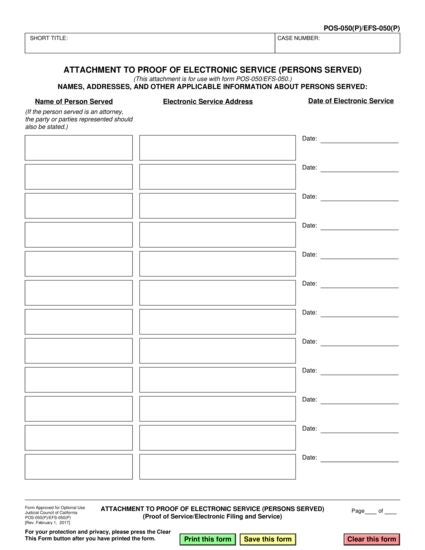 View POS-050(P) Attachment to Proof of Electronic Service (Persons Served) form