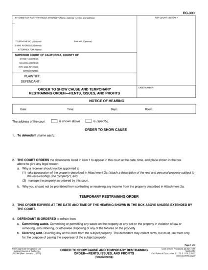 View RC-300 Order to Show Cause and Temporary Restraining Order—Rents, Issues, and Profits form