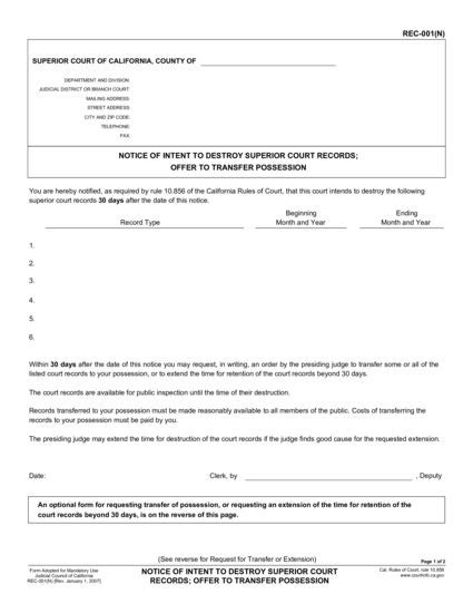 View REC-001(N) Notice of Intent to Destroy Superior Court Records; Offer to Transfer Possession form