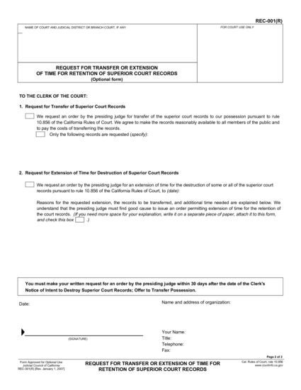View REC-001(R) Request for Transfer or Extension of Time for Retention of Superior Court Records form