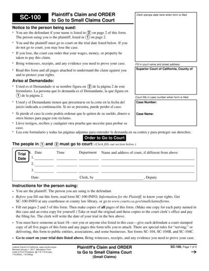 View SC-100 Plaintiff's Claim and ORDER to Go to Small Claims Court (Small Claims) form
