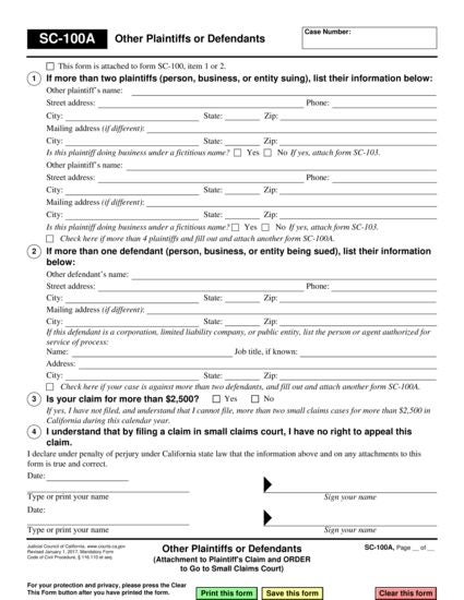 View SC-100A Other Plaintiffs or Defendants (Attachment to Plaintiff's Claim and ORDER to Go to Small Claims Court) form
