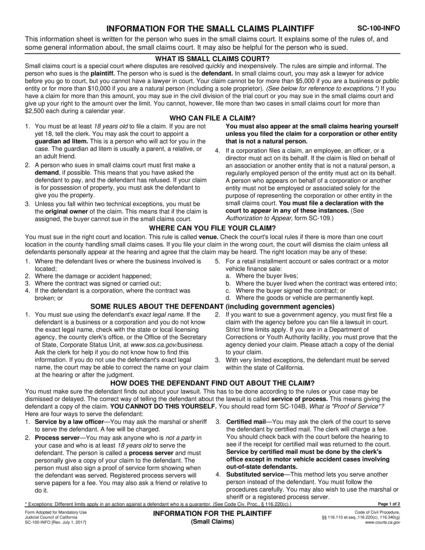 View SC-100-INFO Information for the Plaintiff (Small Claims) form