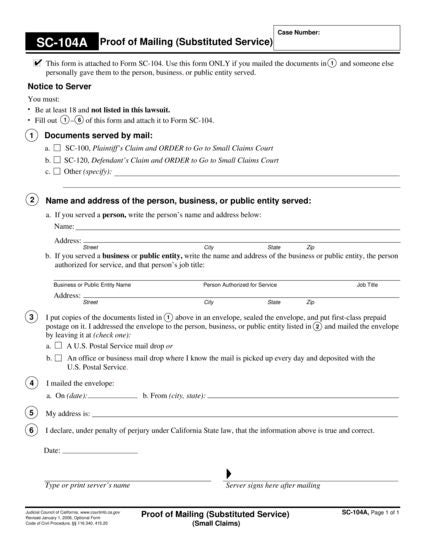 View SC-104A Proof of Mailing (Substituted Service) (Small Claims) form