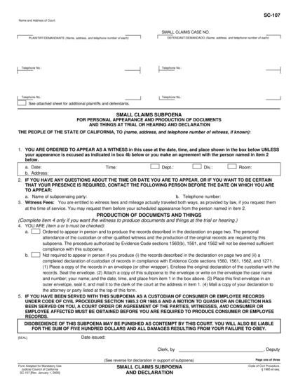 View SC-107 Small Claims Subpoena for Personal Appearance and Production of Documents at Trial or Hearing and Declaration form