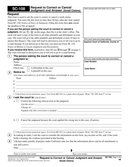 View SC-108 Request to Correct or Cancel Judgment and Answer (Small Claims) form