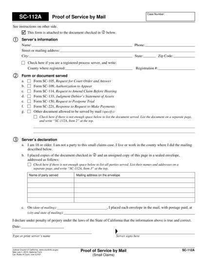 View SC-112A Proof of Service by Mail (Small Claims) form