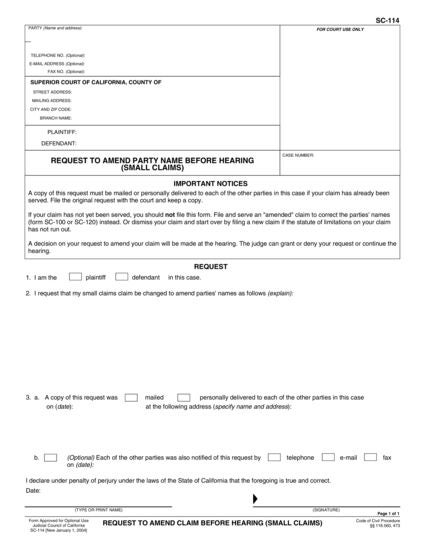 View SC-114 Request to Amend Party Name Before Hearing (Small Claims) form