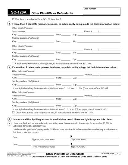 View SC-120A Other Plaintiffs or Defendants (Attachment to Defendant's Claim and ORDER to Go to Small Claims Court) form