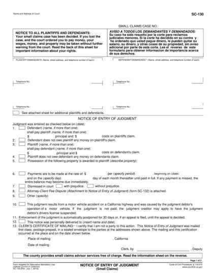 View SC-130 Notice of Entry of Judgment (Small Claims) form