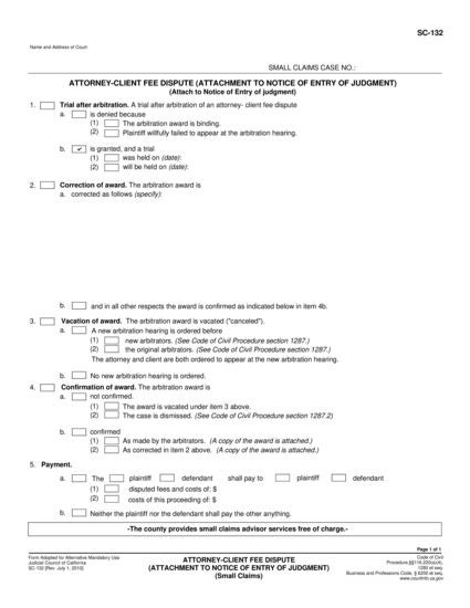 View SC-132 Attorney-Client Fee Dispute (Attachment to Notice of Entry of Judgment) form