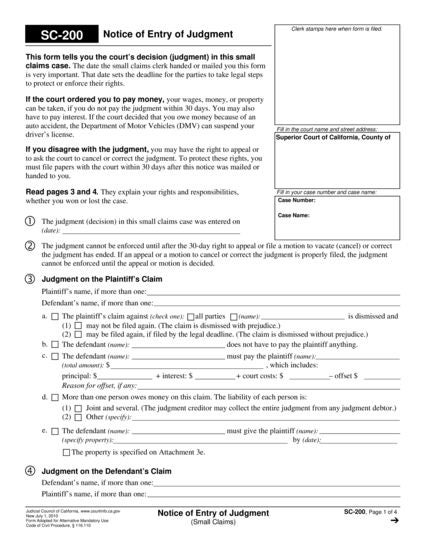View SC-200 Notice of Entry of Judgment (Small Claims) form