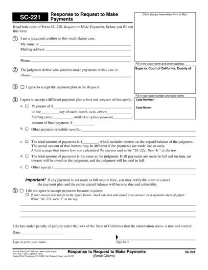 View SC-221 Response to Request to Make Payments (Small Claims) form