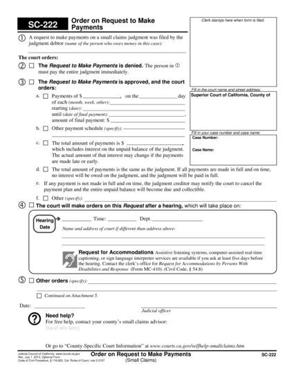 View SC-222 Order on Request to Make Payments (Small Claims) form