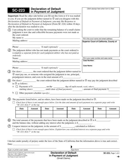 View SC-223 Declaration of Default in Payment of Judgment form