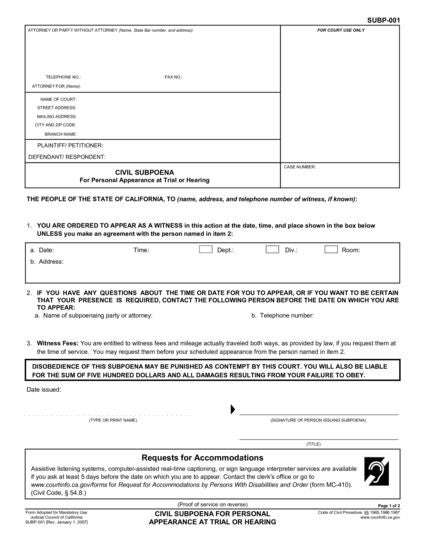 View SUBP-001 Civil Subpoena for Personal Appearance at Trial or Hearing form