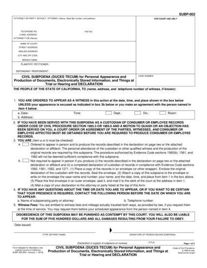 View SUBP-002 Civil Subpoena (Duces Tecum) for Personal Appearance and Production of Documents, Electronically Stored Information, and Things at Trial or Hearing and Declaration form