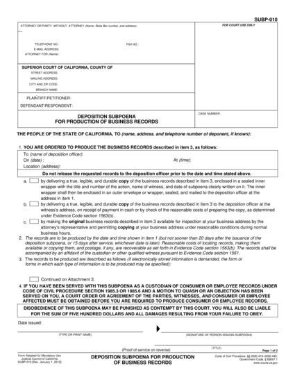 View SUBP-010 Deposition Subpoena for Production of Business Records form