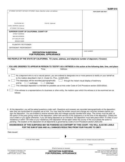 View SUBP-015 Deposition Subpoena for Personal Appearance form