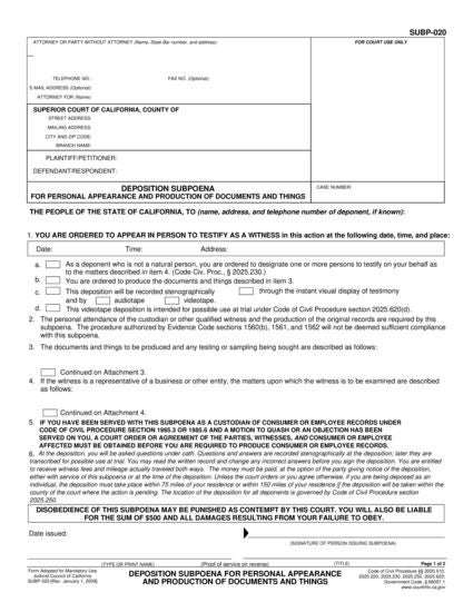 View SUBP-020 Deposition Subpoena for Personal Appearance and Production of Documents and Things form