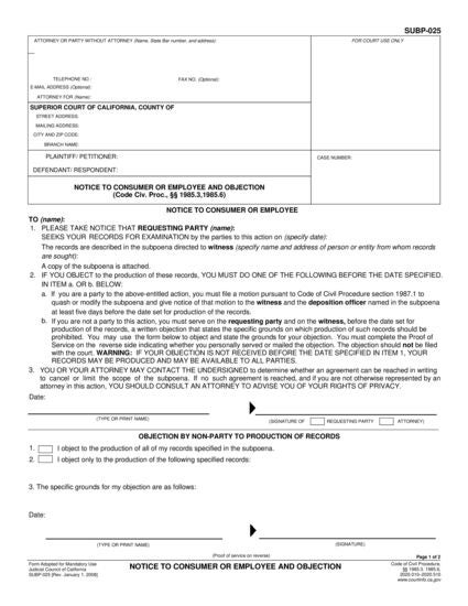 View SUBP-025 Notice to Consumer or Employee and Objection form