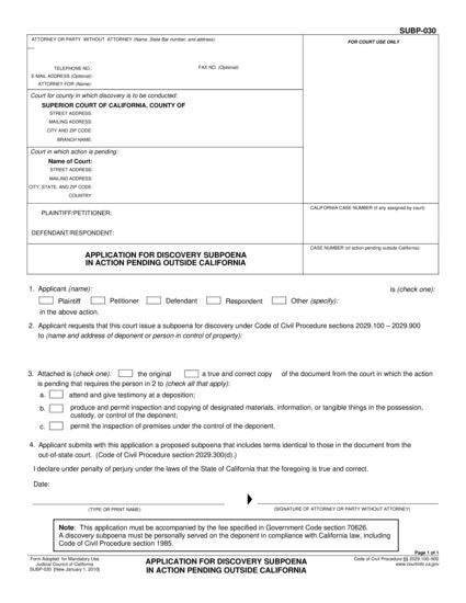 View SUBP-030 Application for Discovery Subpoena in Action Pending Outside California form