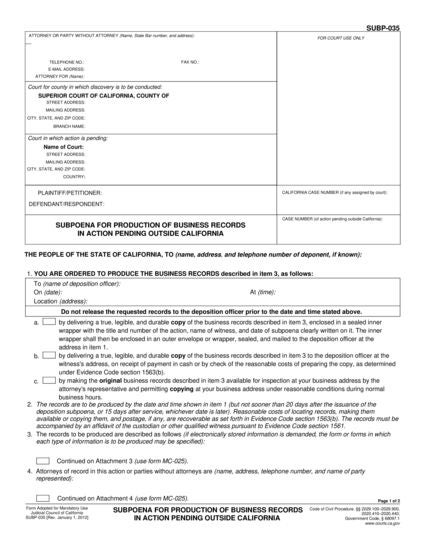 View SUBP-035 Subpoena for Production of Business Records in Action Pending Outside California form