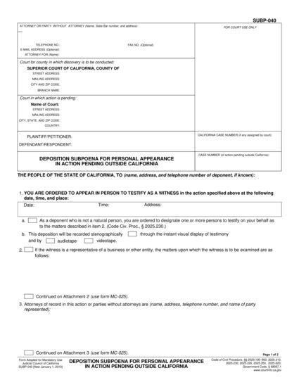 View SUBP-040 Deposition Subpoena for Personal Appearance in Action Pending Outside California form