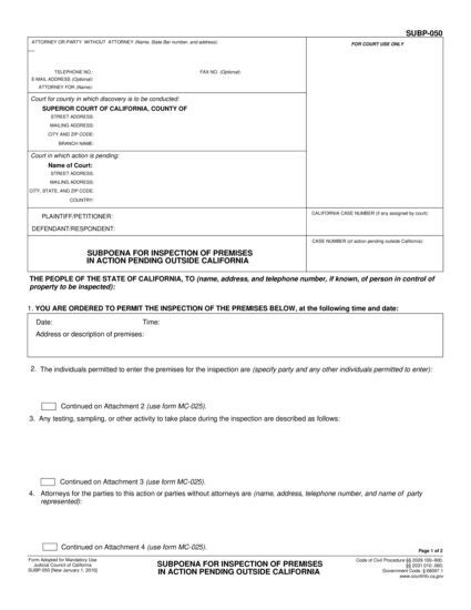 View SUBP-050 Subpoena for Inspection of Premises in Action Pending Outside California form